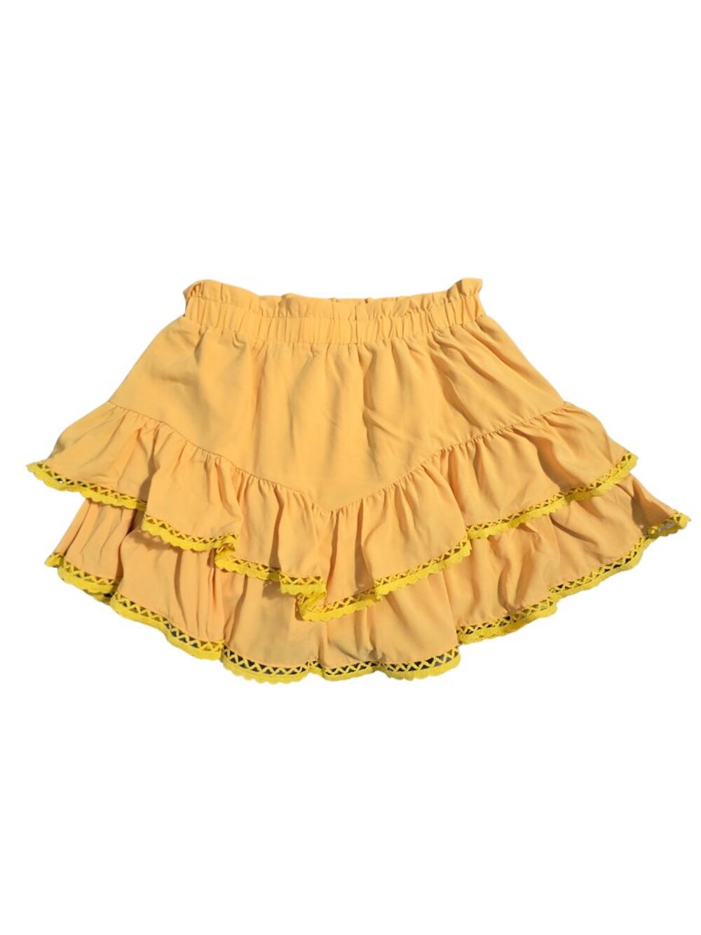NWOT Mustard Yellow Tiered Ruffle Skort Crochet Lace Trim Smocked Waist | Medium